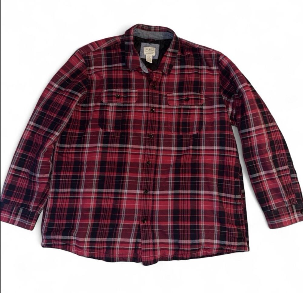 LL Bean Quilted Lined Shirt Jacket Men's XXL Red Plaid Slightly Fitted